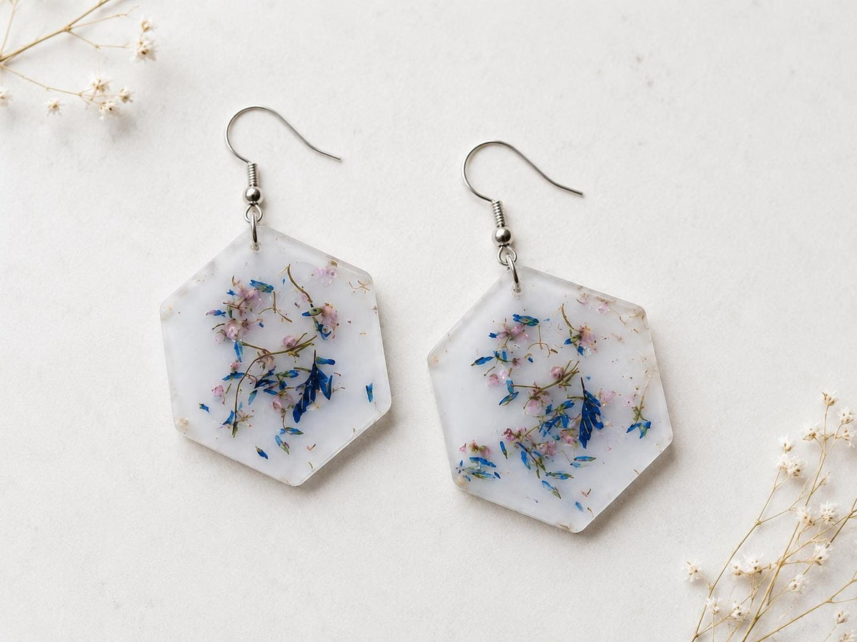 Real Pressed Flower Blue and Pink Floral Hexagon Resin Earrings | Handmade Botanical |Nature Gift