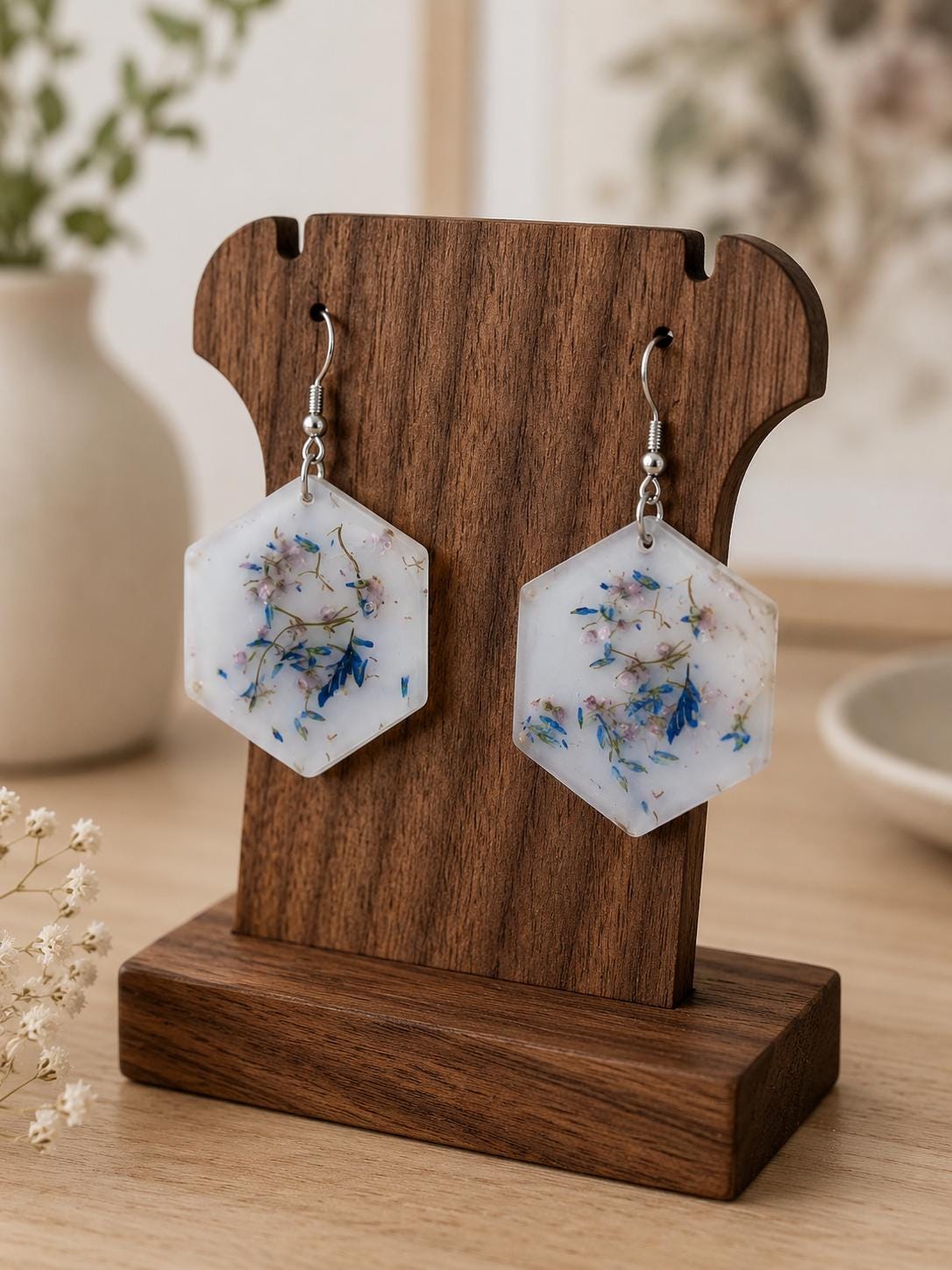 Real Pressed Flower Blue and Pink Floral Hexagon Resin Earrings | Handmade Botanical |Nature Gift