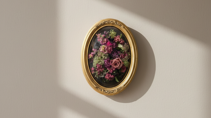 Decorative oval frame with pressed flowers on a beige wall