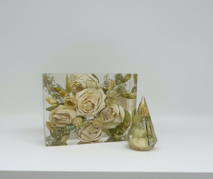 Rectangle resin floral block and ring holder with white roses and other flowers