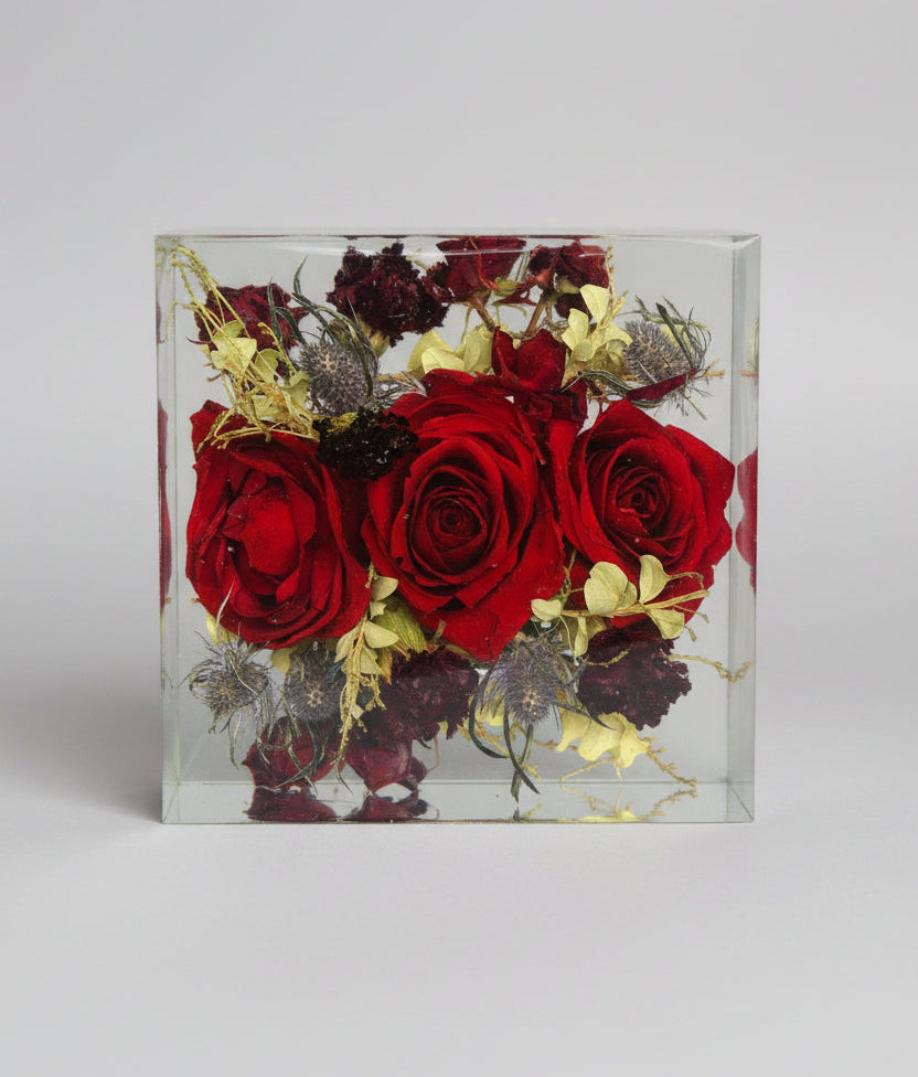 6 in Floral Resin Block with red roses