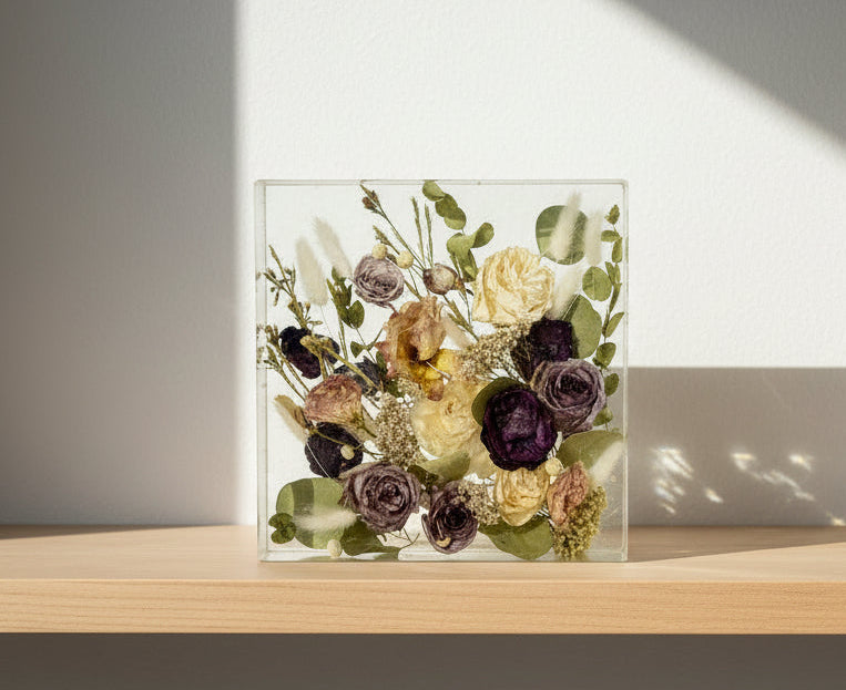 ResinFloral Blockon a wooden shelf with soft shadows