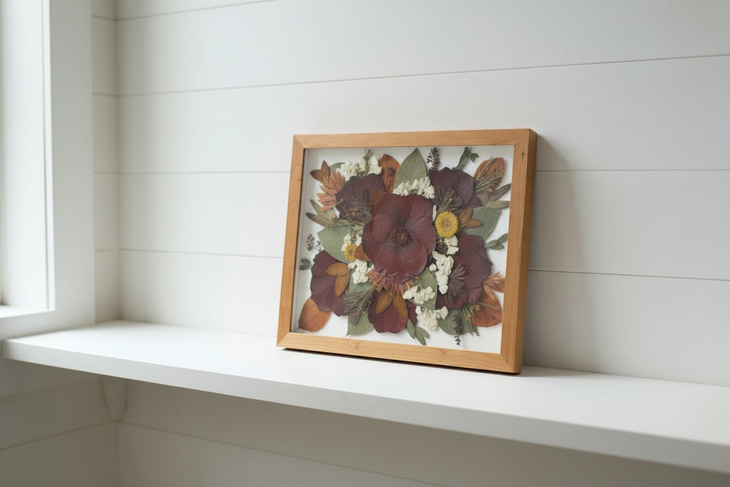 Framed pressed flowers on a light blue surface