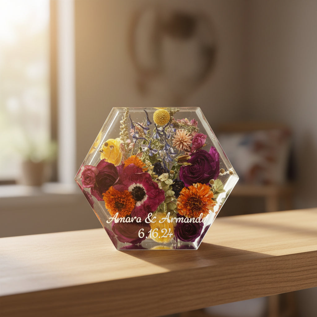 colorful flowers preserved in 8in Resin Hexagon