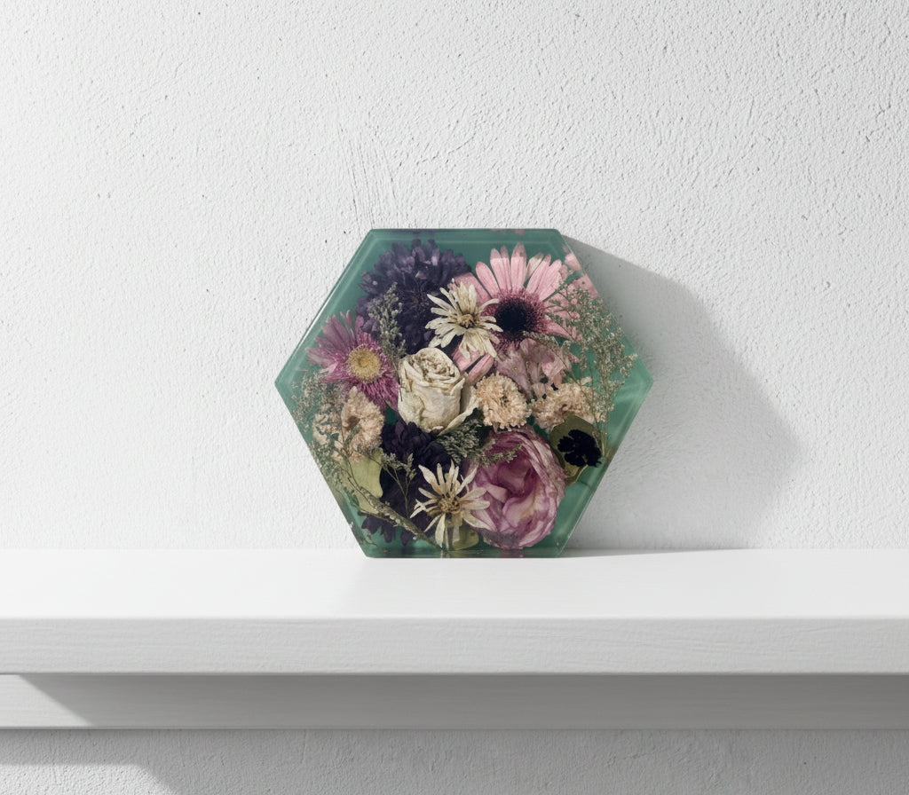 Resin Hexagon Block with green background and colorful flowers
