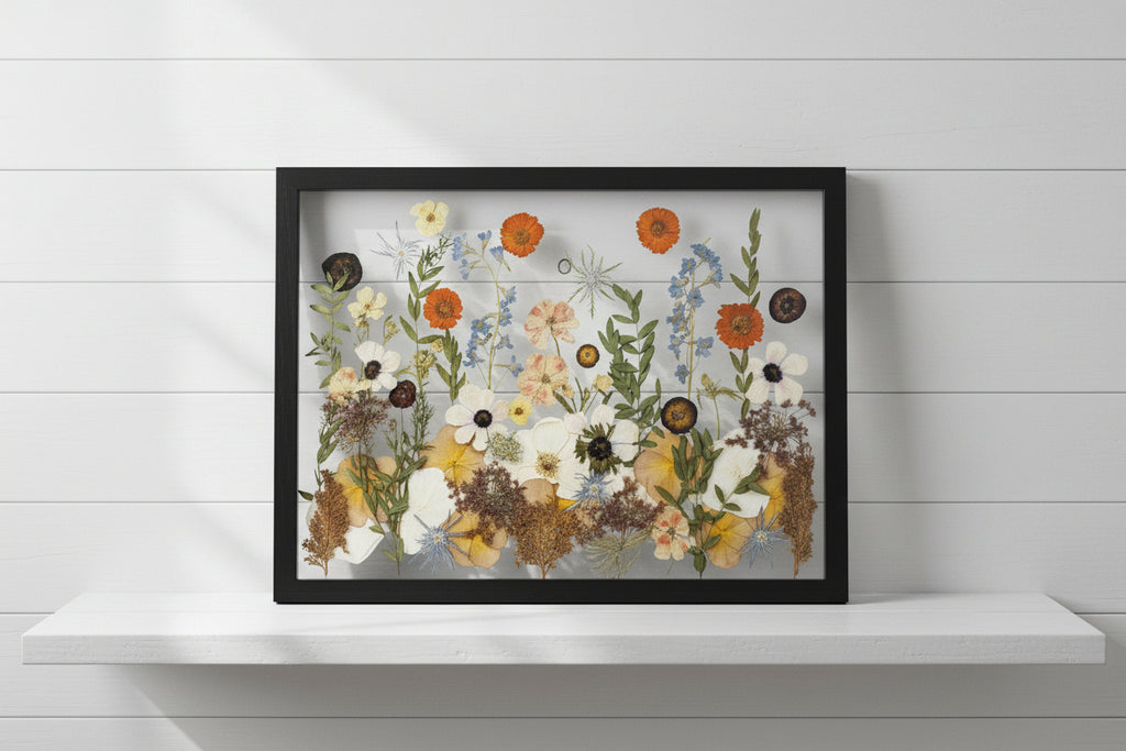 Framed artwork with pressed flowers and leaves on a wooden background