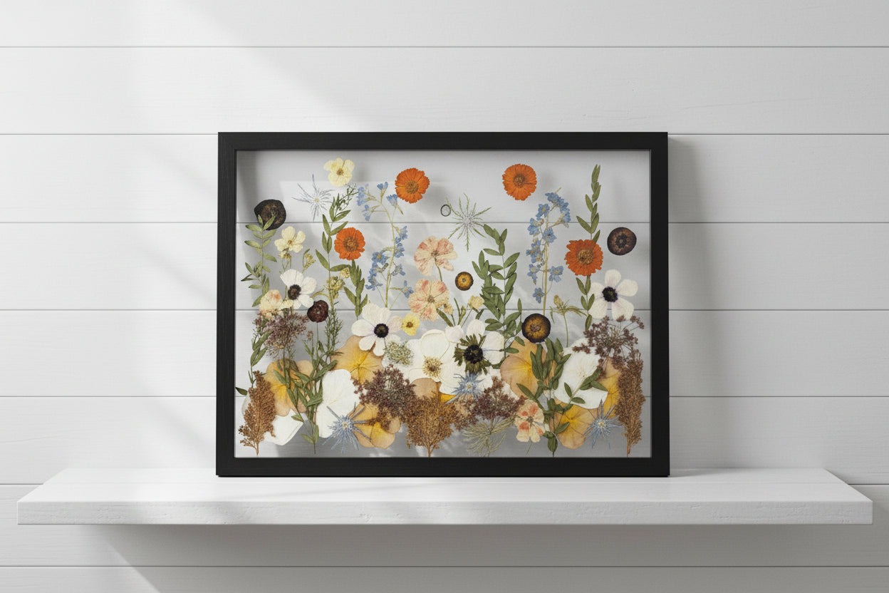 Framed artwork with pressed flowers and leaves on a wooden background