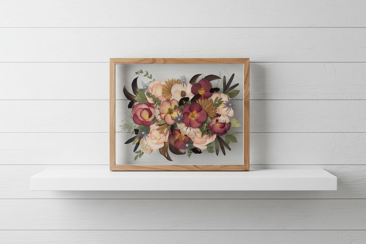 Framed floral artwork with a wooden frame on a white background