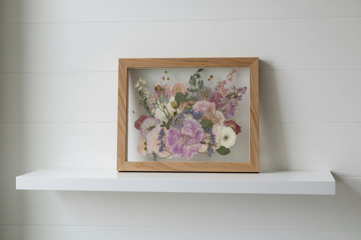 Framed floral artwork on a gray background
