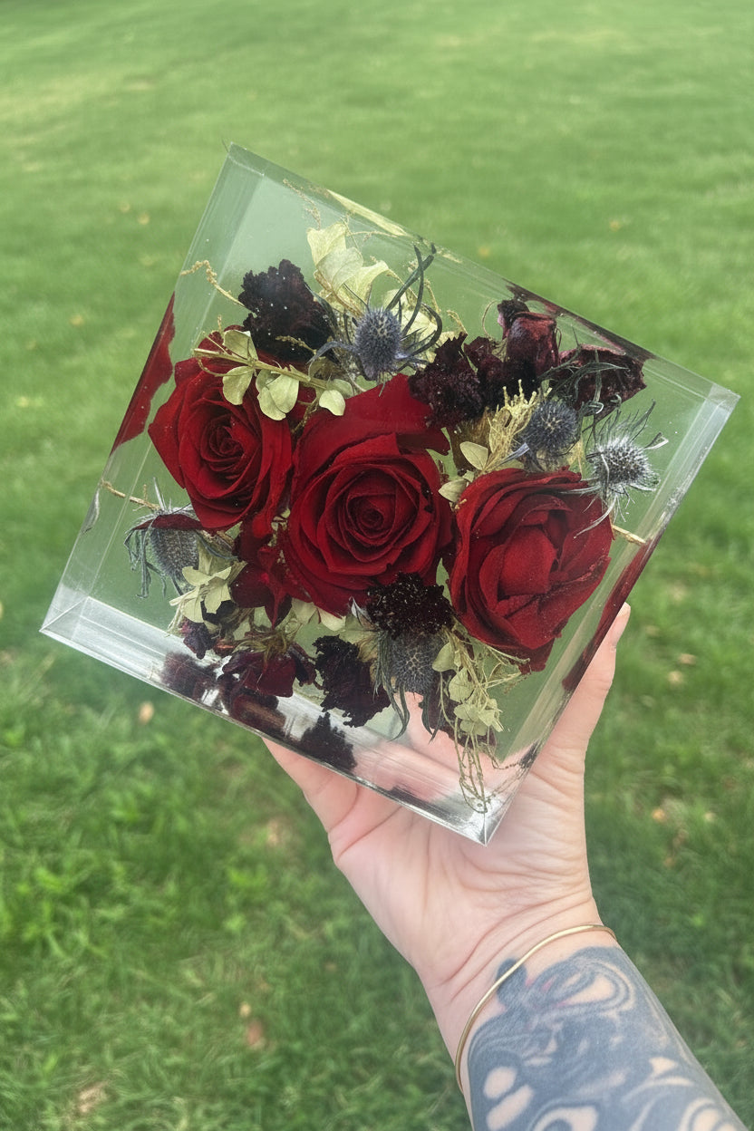 Red Roses and other flowers inside resin floral block