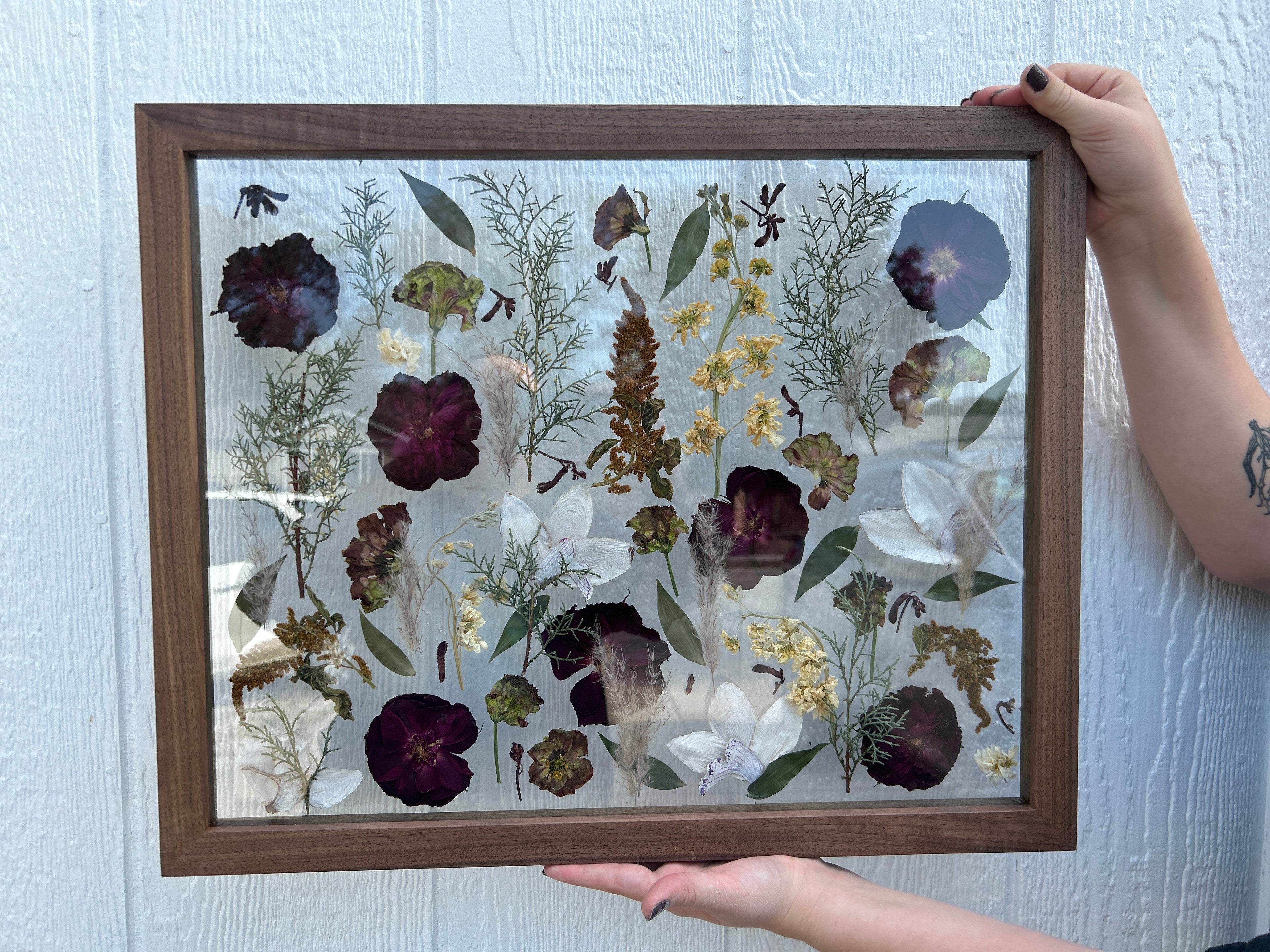 Framed pressed flowers held by a person on a light background