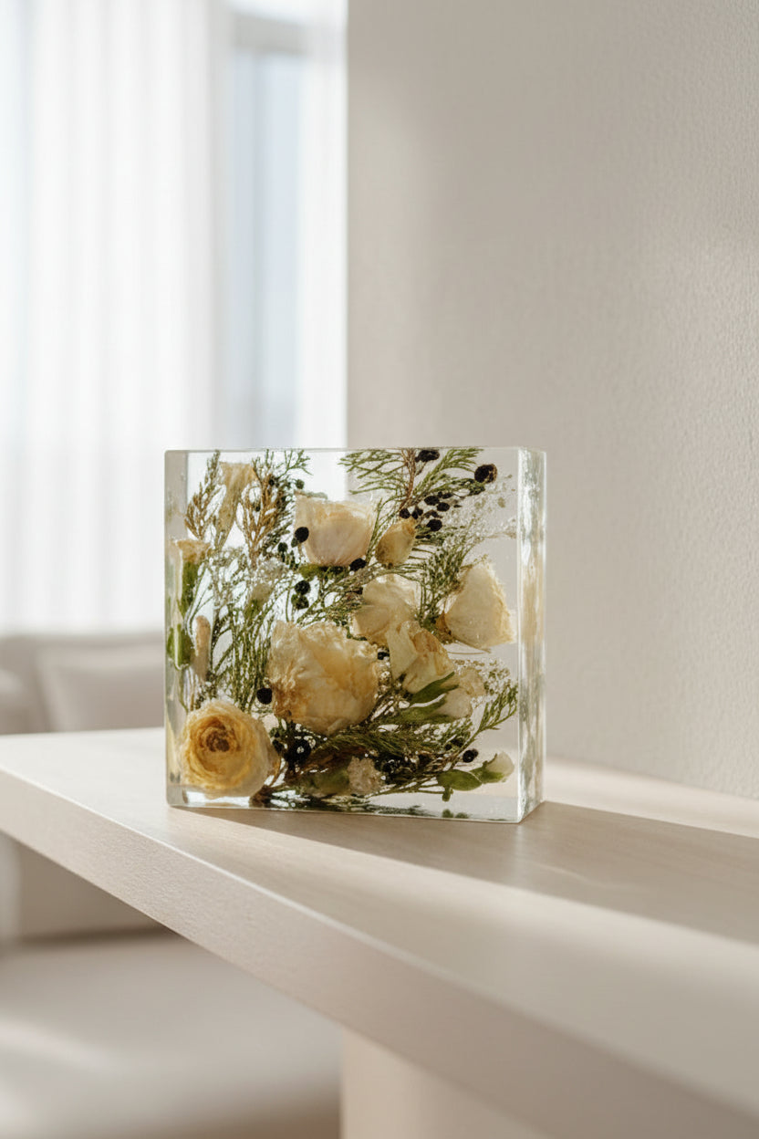 Clear glass block with preserved yellow flowers and greenery on a neutral surface