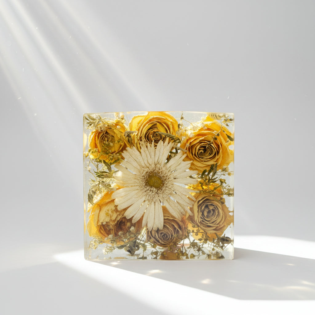 Resin block with yellow roses and white gerbera