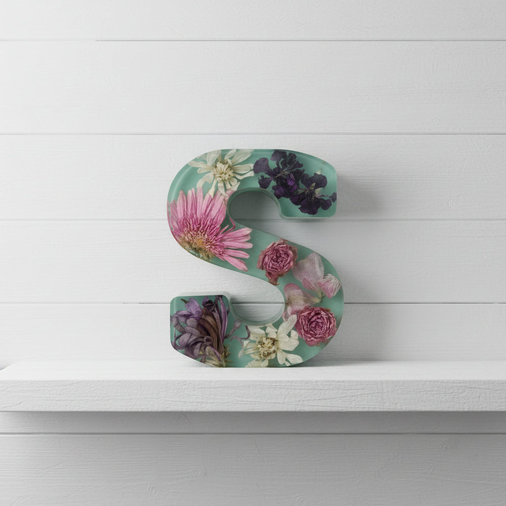 Resin Letter S with colorful flowers inside with a sage green background