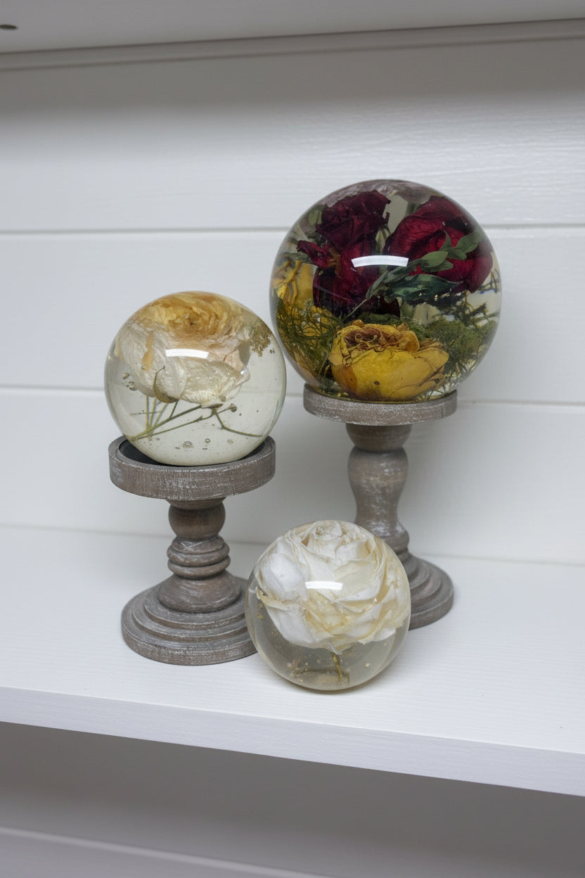 3 Resin  dome spheres with colorful flowers inside