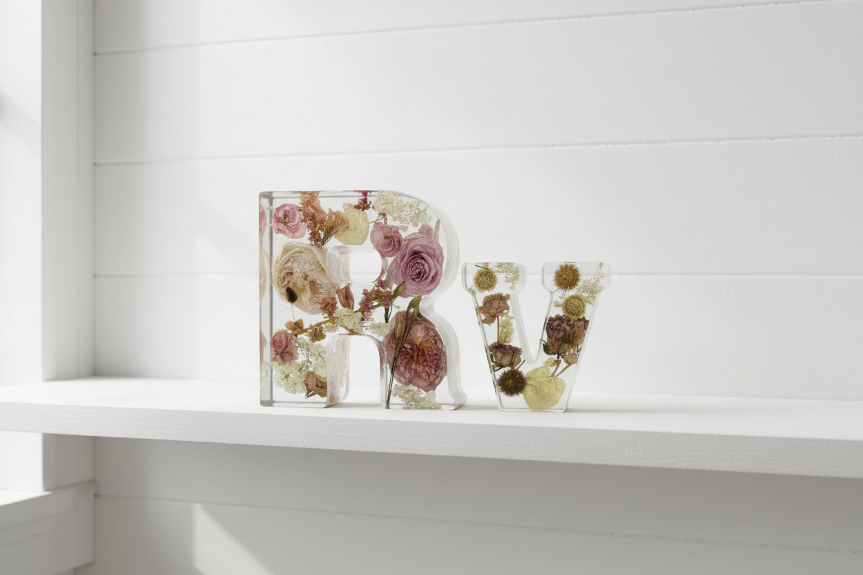 Decorative letters 'R' and 'W' filled with pressed flowers on a white background