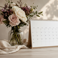 picture of a calendar with a vase of flowers