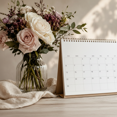 picture of a calendar with a vase of flowers