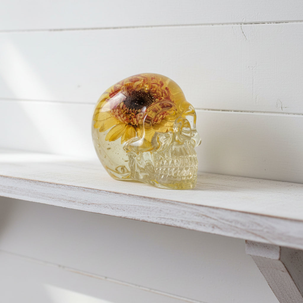 yellow flower inside resin Skull