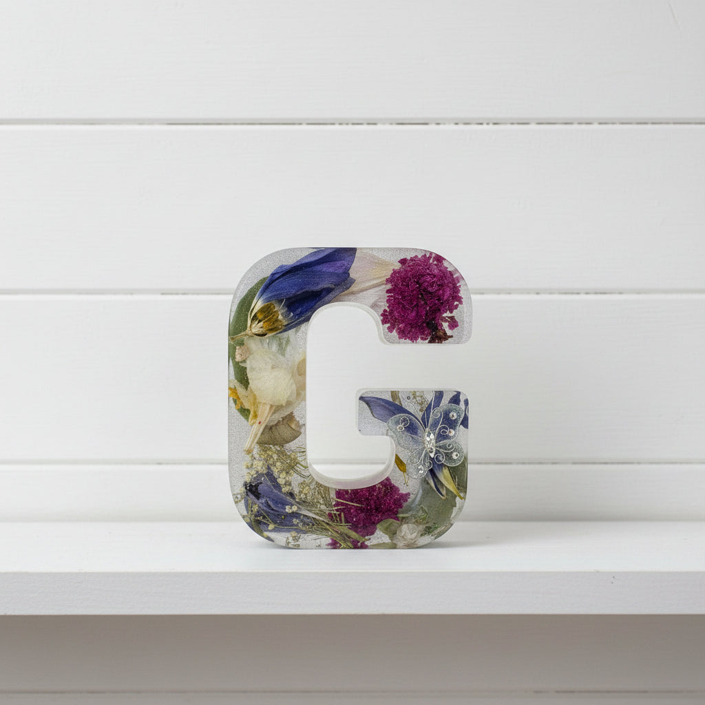 Hand holding a clear resin letter 'L' with embedded flowers and decorative elements on a white background.