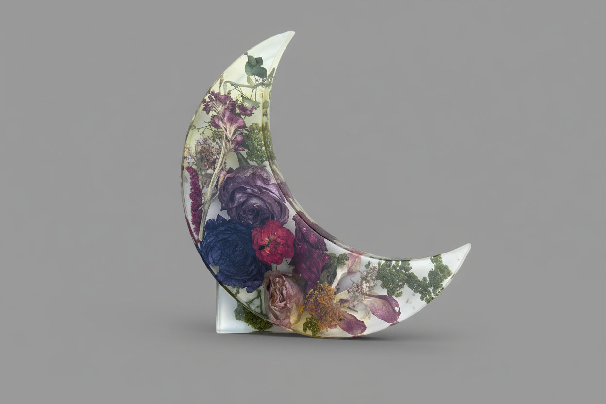 Decorative moon-shaped object with floral design on a gray background
