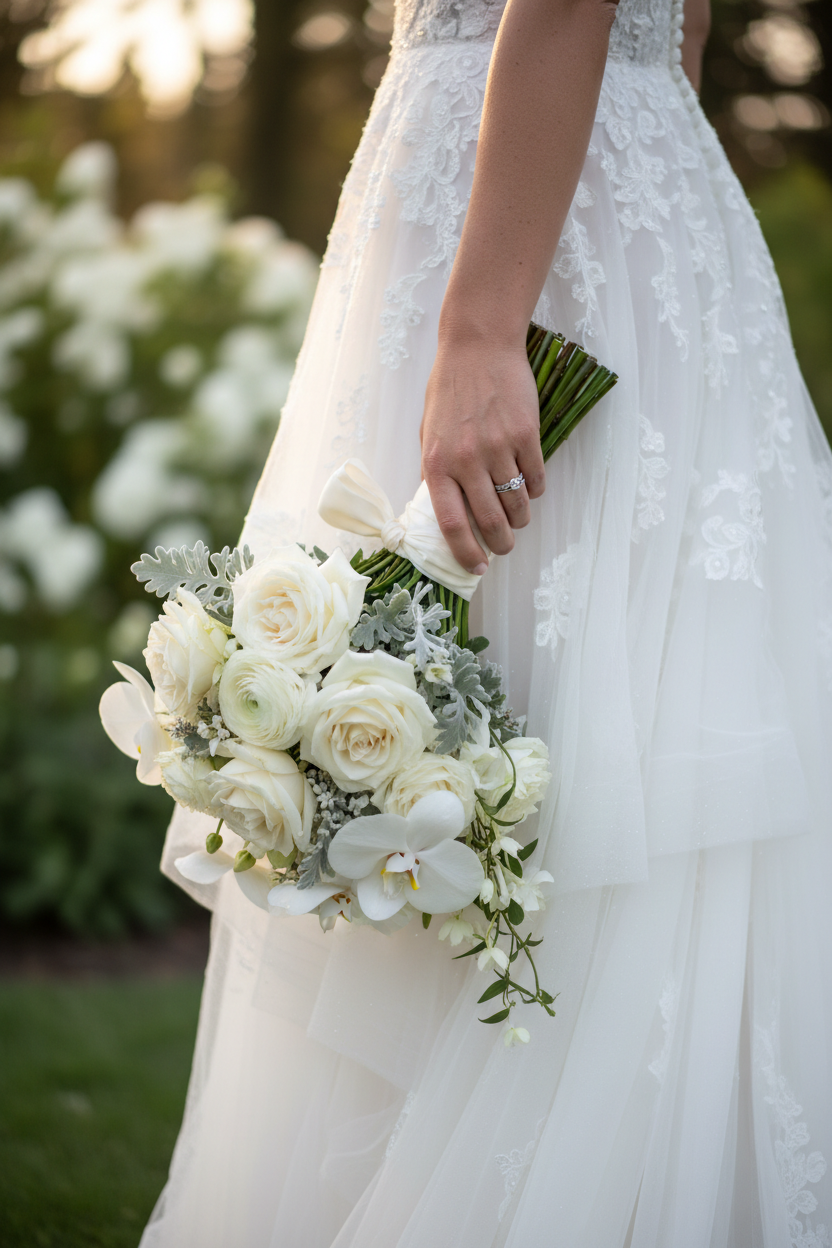 womans hand holding bridal boquet at her side showing wedding dress